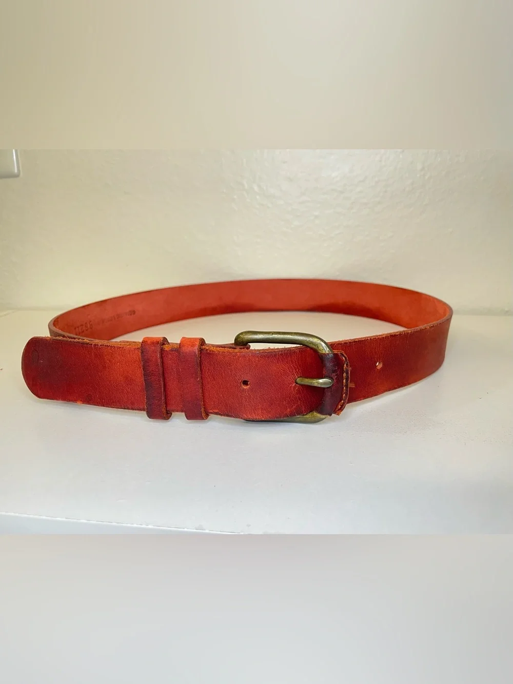 Vintage Men's Red Leather Belt with‎ Antique Brass Buckle Size M